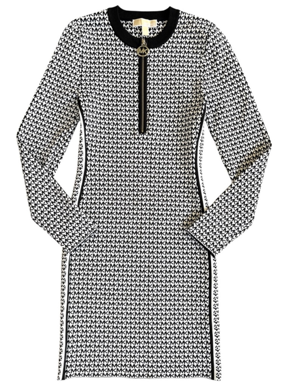 Like New Michael Kors Logo Knit Jacquard Logo Zip Midi Dress Black White Small